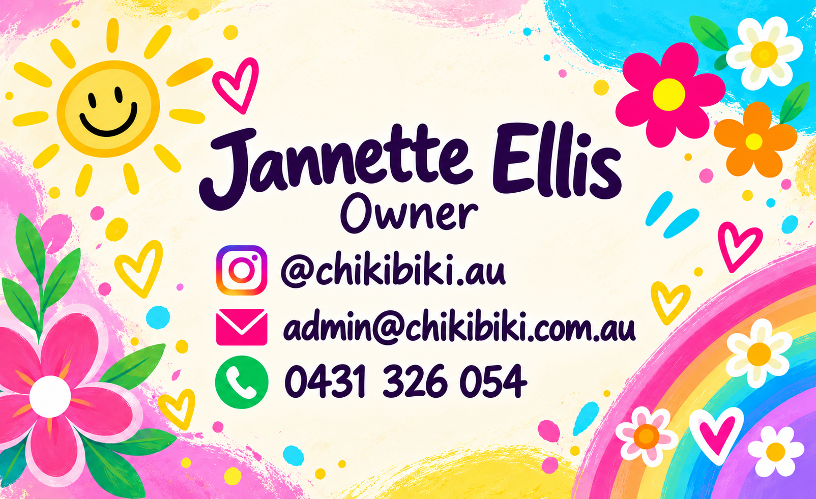 Jannette Ellis, CHiKi-BiKi owner. Instagram @chikibiki.au, admin@chikibiki.com.au, phone 0431 326 054